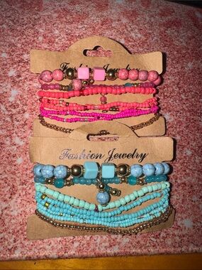 Fashion Jewelry Pink and Turquoise Layered Beaded Bracelet Set